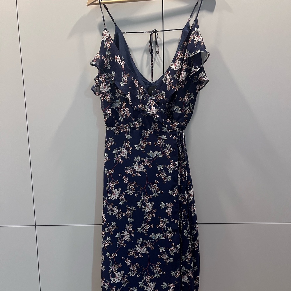 Lumiere Blue and White Ruffled Wrap Cocktail Dress